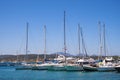 Golfo Aranci, Sardinia, Italy - Panoramic view of Golfo Aranci yacht port - Marina di Golfo Aranci - with seashore park boulevard