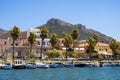 Golfo Aranci, Sardinia, Italy - Panoramic view of Golfo Aranci yacht port - Marina di Golfo Aranci - with seashore park boulevard Royalty Free Stock Photo