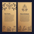 Golg and Blue Christmas Template Note for Santa. Flyer with Copyspace and illustrations of Mistletoe, Pinecone, Sock