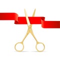 Golg Scissors Cut Red Ribbon. Vector