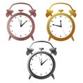 Golg, silver and bronze alarm clocks. Vector illustration