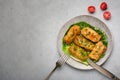 Golubtsi or golabki on gray plate on concrete table top. Stuffed cabbage rolls dish of russian, polish, ukrainian cuisine. Royalty Free Stock Photo