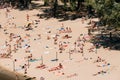 Gomel, Belarus - August 9, 2015: Unknown people resting at beach at the river Sozh in Gomel, Belarus