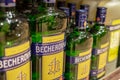 Gomel, Belarus 10.30.20: Becherovka liqueur bottles in the supermarket on the counter. One liter and half liter bottles Royalty Free Stock Photo