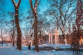 Gomel, Belarus. City Park In Winter Night. Gazebo In Park. Garden Pergola In Snow Royalty Free Stock Photo