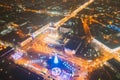 Gomel, Belarus. Main Christmas Tree And Festive Illumination On Lenin Square In Homel. New Year In Belarus. Aerial Night