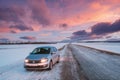 Volkswagen Polo Car Sedan Parking On A Roadside Of Country Road On A Background Of Dramatic Sunset Sky At Winter Season Royalty Free Stock Photo