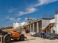 GOMEL, BELARUS - June 4, 2020: construction of a shopping center by a team of builders