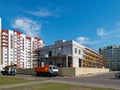 GOMEL, BELARUS - June 4, 2020: construction of a shopping center by a team of builders