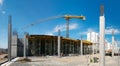 GOMEL, BELARUS - June 4, 2020: construction of a shopping center by a team of builders