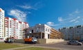 GOMEL, BELARUS - June 4, 2020: construction of a shopping center by a team of builders