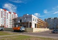 GOMEL, BELARUS - June 4, 2020: construction of a shopping center by a team of builders