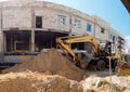 GOMEL, BELARUS - June 4, 2020: construction of a shopping center by a team of builders