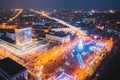 Gomel, Belarus. Main Christmas Tree And Festive Illumination On Lenin Square In Homel. New Year In Belarus. Aerial Night