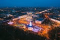 Gomel, Belarus. Main Christmas Tree And Festive Illumination On Lenin Square In Homel. New Year In Belarus. Aerial Night