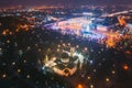 Gomel, Belarus. Main Christmas Tree And Festive Illumination On Square In Homel. New Year In Belarus. Aerial Night View