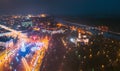 Gomel, Belarus. Main Christmas Tree And Festive Illumination On Square In Homel. New Year In Belarus. Aerial Night View