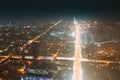 Gomel, Belarus. Main Street In Night Illumination. Sovetskaya Street In Homel. Aerial Night View