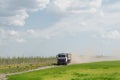 Gomel, Belarus - May 4, 2016: a truck with the awning performs livestock transportation in agro OCTOBER Royalty Free Stock Photo