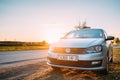 VW Volkswagen Polo Vento Sedan Car Parking Near Asphalt Country Road