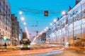 Gomel, Belarus. Morning Traffic, Public Bus On Lenina Avenue Street At Sunrise Or Sunset