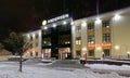 Gomel, BELARUS - November 25, 2022: Alfa Bank building with exterior evening illumination