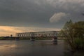 Gomel, Belarus - railway bridge over the river at sunset.