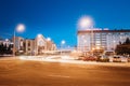 Gomel, Belarus. Railway Station Building And Hotel At Morning Or Evening. Train Station At Night Time In Winter Season