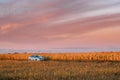 Volkswagen Polo Car Sedan Parking Near Country Road In Autumn Field. Sunset Sunrise Sky On A Background In Sunny Evening Royalty Free Stock Photo