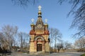 Gomel Palace and Park Ensemble. View of the chapel-tomb of the Paskevich family. Carved stone and art metal, red terracotta and Royalty Free Stock Photo