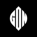 GON circle letter logo design with circle and ellipse shape. GON ellipse letters with typographic style. The three initials form a