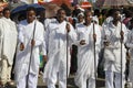 Gonder, Ethiopia, February 18 2015: Men dressed in traditional attire with pilgrim rod celebrate the Timkat festival