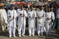 Gonder, Ethiopia, February 18 2015: Men dressed in traditional attire with pilgrim rod celebrate the Timkat festival