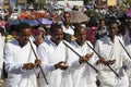 Gonder, Ethiopia, February 18 2015: Men dressed in traditional attire with pilgrim rod celebrate the Timkat festival