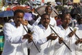 Gonder, Ethiopia, February 18 2015: Men dressed in traditional attire with pilgrim rod celebrate the Timkat festival