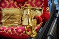 Gondola and golden details, in Venice, Italy, Europe