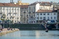 Gondola and gondolier in the Darsena del Naviglio in Milan, Italy.