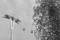 Gondola lift in old stylish photo. Silhouette of air-cable car o Royalty Free Stock Photo