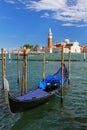 Gondola moored near San Marco square across from San Giorgio Maggiore island in Venice, Italy Royalty Free Stock Photo