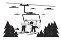 Gondola skiers riding on ski chairlift black and white cartoon flat illustration Royalty Free Stock Photo