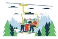 Gondola skiers riding on ski chairlift line cartoon flat illustration