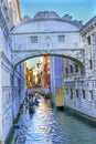 Gondola Touirists Colorful Side Canal Bridge Sighs Venice Italy