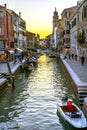 Gondola Touirists Colorful Small Side Canal Bridge Venice Italy