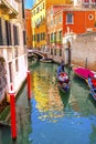 Gondola Touirists Colorful Small Side Canal Bridge Venice Italy