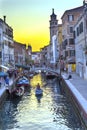 Gondola Touirists Colorful Small Side Canal Bridge Venice Italy