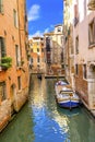 Gondola Touirists Colorful Small Side Canal Bridge Venice Italy