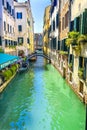 Gondola Touirists Restaurant Colorful Small Side Canal Bridge Venice Italy