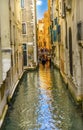 Gondola Touirists Colorful Small Side Canal Bridge Venice Italy