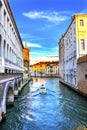 Gondola Touirists Colorful Small Side Canal Bridge Venice Italy