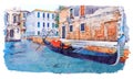 Gondola on water canal in Venice watercolor sketch
